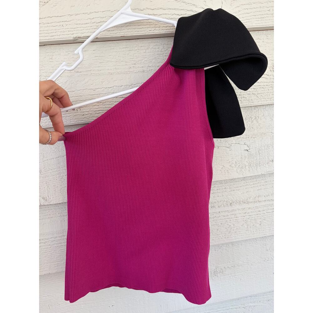 ZARA Pink One Shoulder Knit Top w/ Black Bow Strap Size M NWT - Picture 2 of 8